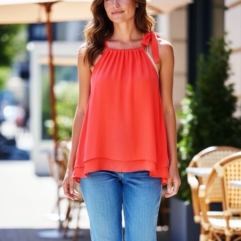 CY Fashion Neon Orange Chiffon Layered Halter Tie Neck Blouse Women’s Plus 2XL